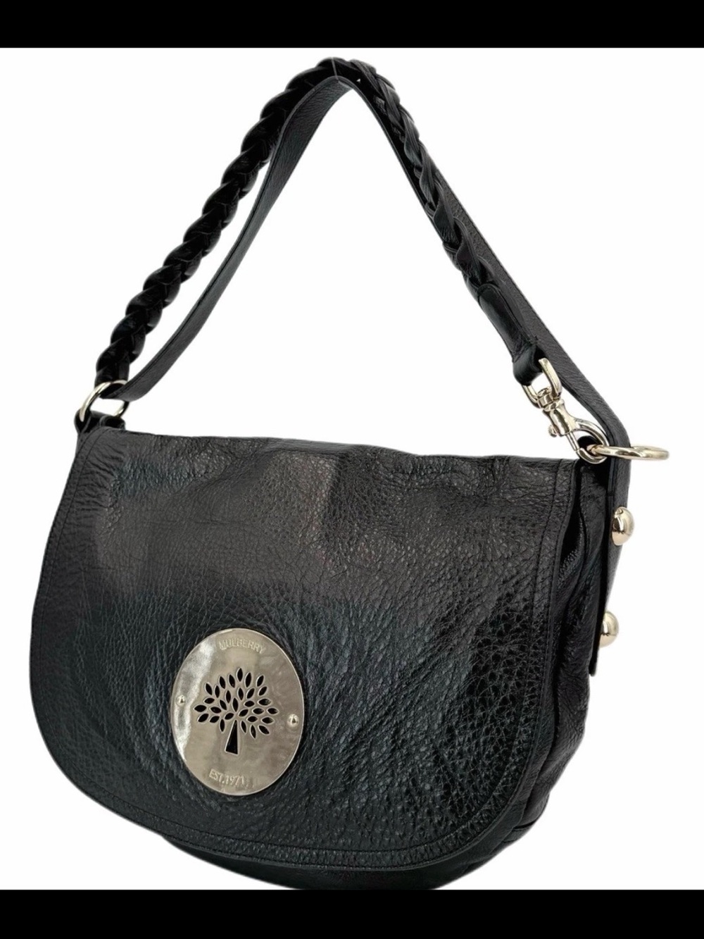 Mulberry Black Leather Braided-Handle Shoulder Bag with Tree Plaque
